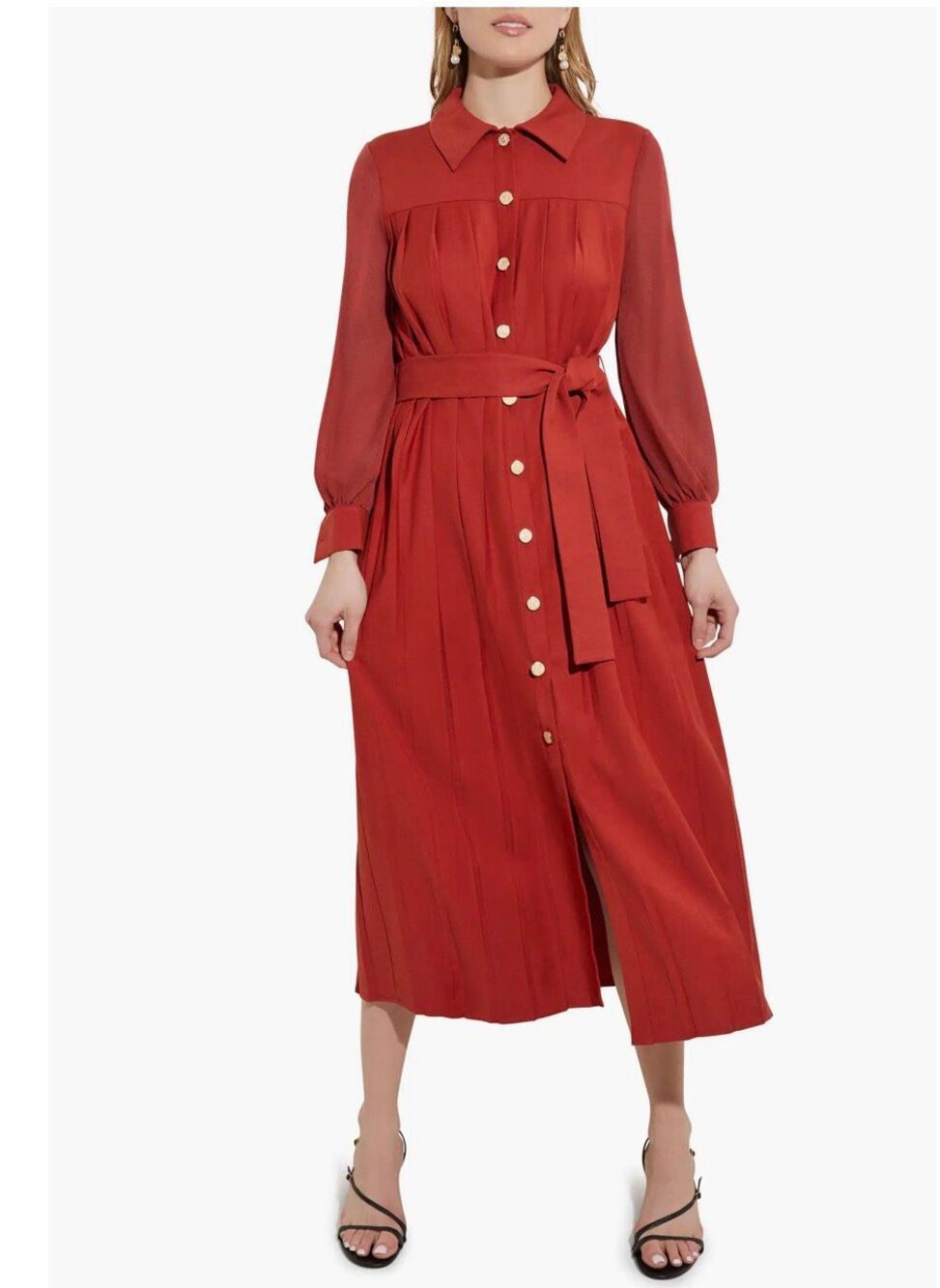 Misook Russet Pleated Belted Button Front Midi Shirtdress Dress Large